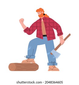 Masculine lumberjack or logger standing one foot on tree trunk with axe, flat vector illustration isolated on white background. Lumberjack or woodsman male character.