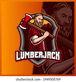 Masculine Lumberjack mascot esport logo design illustrations vector template, Angry Lumberjack with Axe logo for team game streamer youtuber banner twitch discord