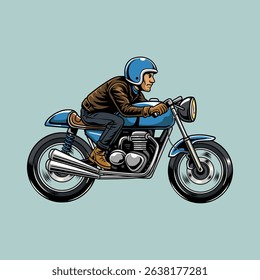 A masculine Man wearing open face crash helmet and jacket riding a blue retro cafe racer motorcycle from side view, isolated cartoon illustration on a light background