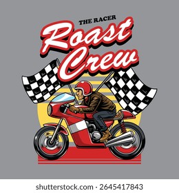 Masculine Man wearing open face crash helmet riding a red retro cafe racer motorcycle from side view cartoon illustration