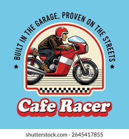 Masculine Man wearing open face crash helmet riding a red retro cafe racer motorcycle from side view emblem cartoon illustration