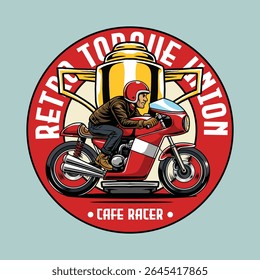 Masculine Man wearing open face crash helmet riding a red retro cafe racer motorcycle from side view emblem cartoon illustration