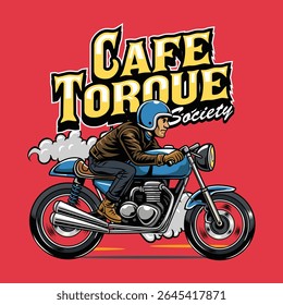 A masculine Man wearing open face crash helmet and jacket riding a blue retro cafe racer motorcycle from side view cartoon illustration