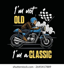 A masculine Man wearing open face crash helmet and jacket riding a blue retro cafe racer motorcycle from side view cartoon illustration