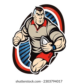 Masculine rugby player holding the ball. Contact ball sports game. cartoon vector illustration, isolated background, label, sticker