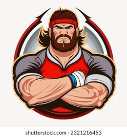 Masculine rugby player holding the ball. Contact ball sports game. cartoon vector illustration, isolated background, label, sticker