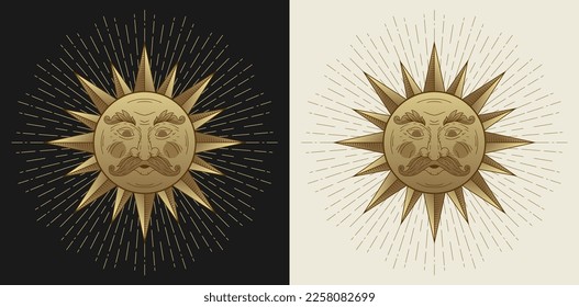 Masculine sun face golden vintage art illustration