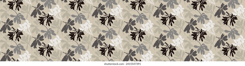 Masculine vector floral border with organic botanical shapes. Modern bold black white flower print, design in neutral scandi style.