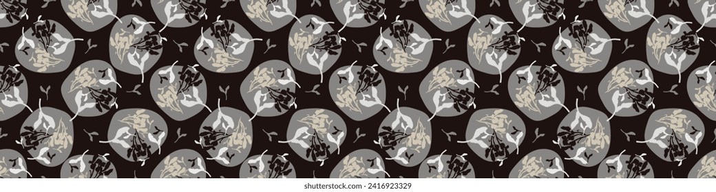 Masculine vector floral border with organic botanical shapes. Modern bold black white flower print, design in neutral scandi style.