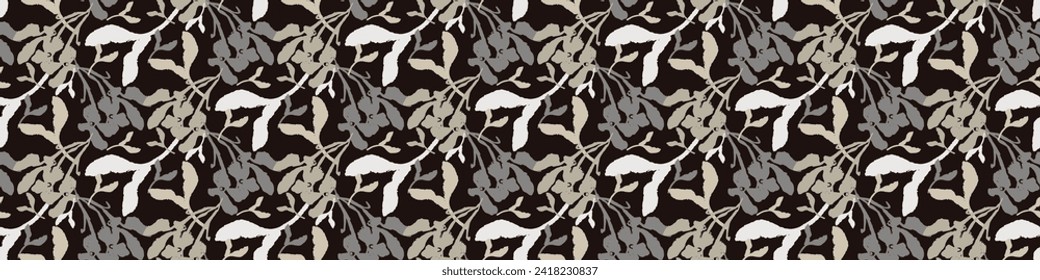 Masculine vector floral border with organic botanical shapes. Modern bold black white flower print, design in neutral scandi style.