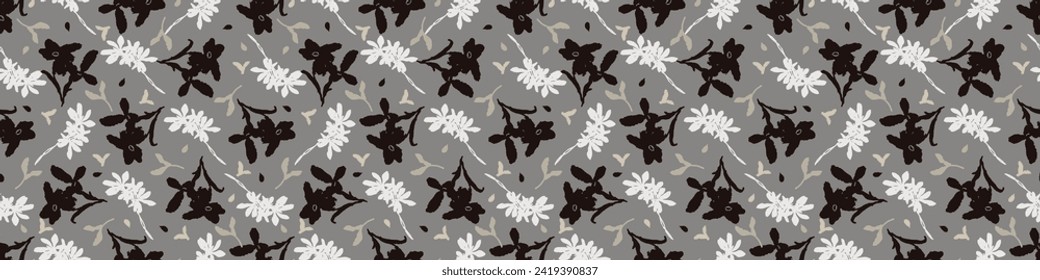 Masculine vector floral border with organic botanical shapes. Modern bold black white flower print, design in neutral scandi style.