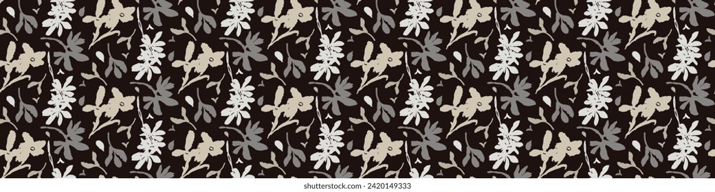 Masculine vector floral border with organic botanical shapes. Modern bold black white flower print, design in neutral scandi style.