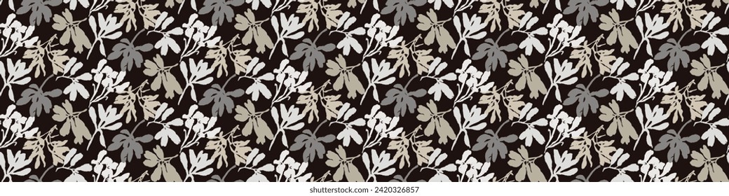 Masculine vector floral border with organic botanical shapes. Modern bold black white flower print, design in neutral scandi style.