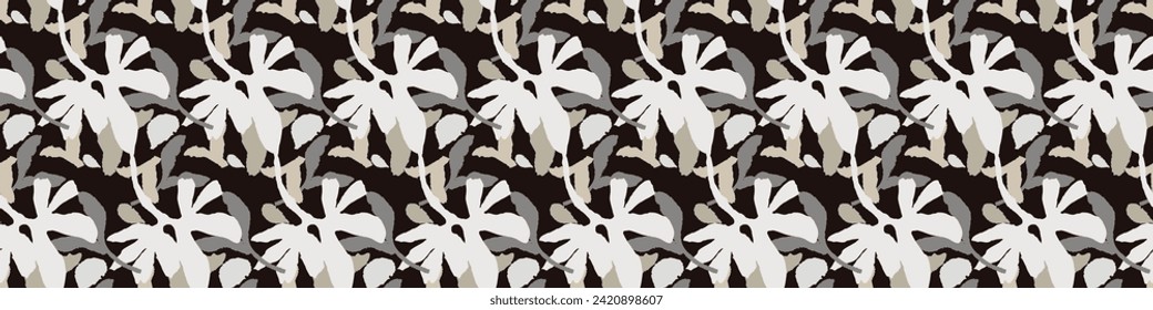 Masculine vector floral border with organic botanical shapes. Modern bold black white flower print, design in neutral scandi style.