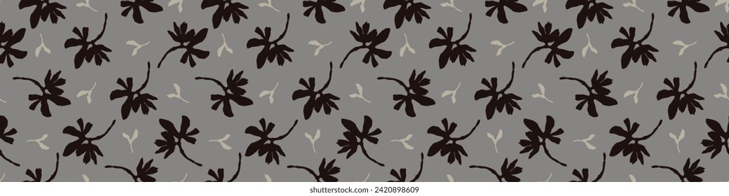 Masculine vector floral border with organic botanical shapes. Modern bold black white flower print, design in neutral scandi style.