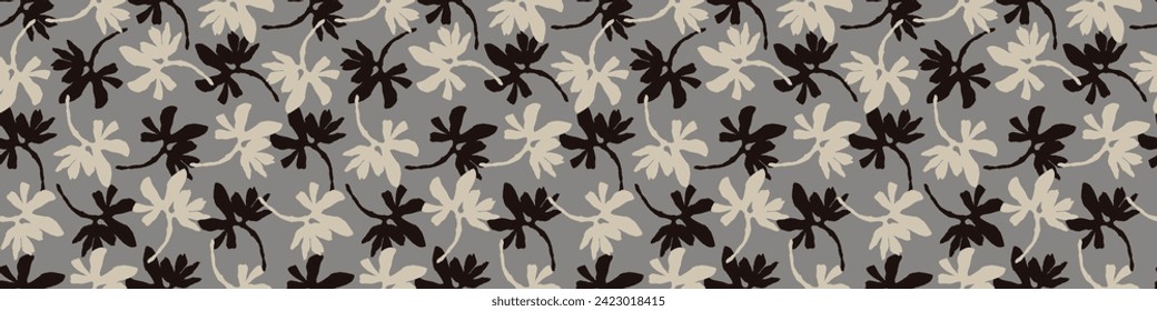 Masculine vector floral border with organic botanical shapes. Modern bold black white flower print, design in neutral scandi style.