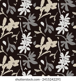 Masculine vector floral pattern with organic botanical shapes. Modern bold black white flower print, design in neutral scandi style.