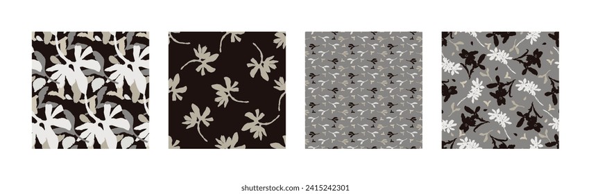 Masculine vector floral pattern with organic botanical shapes. Modern bold black white flower print, design in neutral scandi style.