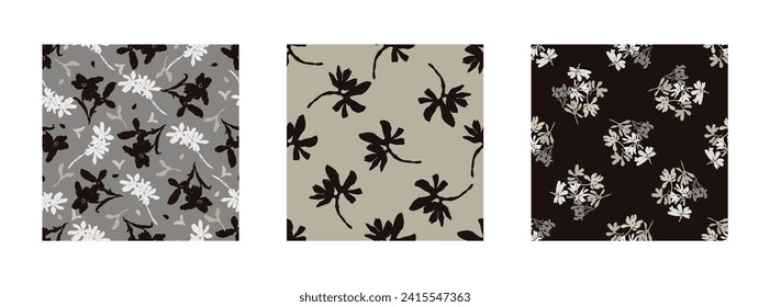 Masculine vector floral pattern with organic botanical shapes. Modern bold black white flower print, design in neutral scandi style.