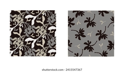 Masculine vector floral pattern with organic botanical shapes. Modern bold black white flower print, design in neutral scandi style.