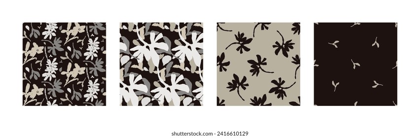 Masculine vector floral pattern with organic botanical shapes. Modern bold black white flower print, design in neutral scandi style.