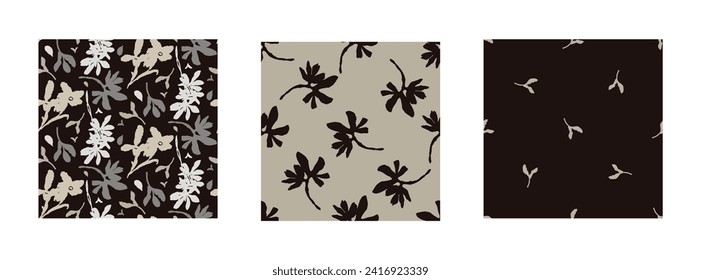 Masculine vector floral pattern with organic botanical shapes. Modern bold black white flower print, design in neutral scandi style.