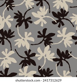 Masculine vector floral pattern with organic botanical shapes. Modern bold black white flower print, design in neutral scandi style.