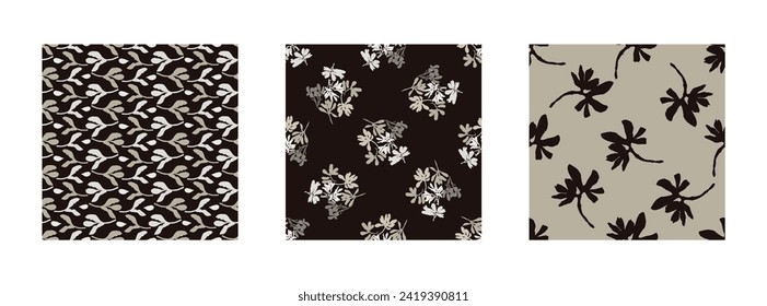 Masculine vector floral pattern with organic botanical shapes. Modern bold black white flower print, design in neutral scandi style.