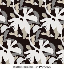 Masculine vector floral pattern with organic botanical shapes. Modern bold black white flower print, design in neutral scandi style.