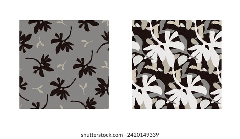 Masculine vector floral pattern with organic botanical shapes. Modern bold black white flower print, design in neutral scandi style.