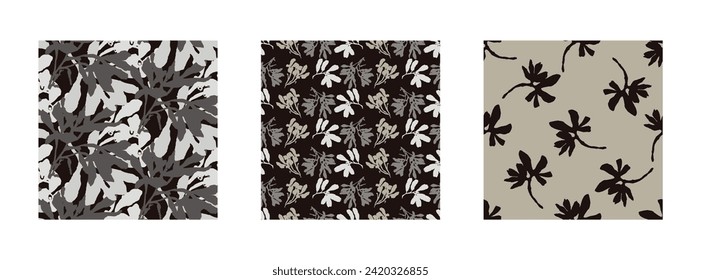 Masculine vector floral pattern with organic botanical shapes. Modern bold black white flower print, design in neutral scandi style.