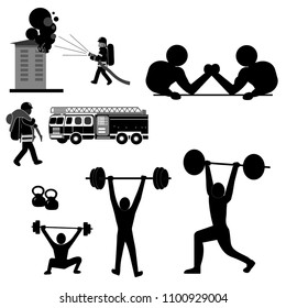 Masculinity In Real Life. Fireman As Hero On Fire, Body Building And Arm Wrestling As Mans Strength Show. Stick Figure Pictogram Icon