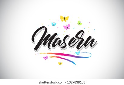 Maseru Handwritten Word Text with Butterflies and Colorful Swoosh Vector Illustration Design.