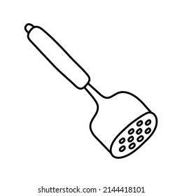 Crusher de puré. Esbozo de cocina. Utensil de cocina vectorial de línea de garabato y herramienta. Cuchillería