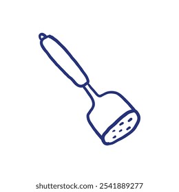 Mash crusher. Kitchenware sketch. Vector kitchen utensil and tool. Cutlery illustration. Hand drawn sketch. Blue pen or marker drawing. Primitive kids picture