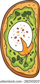 Mashed avocado toast slice topped with soft poached egg isolated vector illustration
