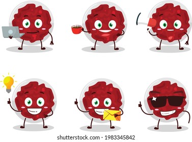 Personaje de caricatura de arándanos con varios tipos de emoticonos de negocios. Ilustración del vector