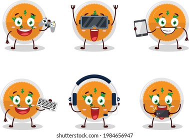 Mashed orange potatoes cartoon character are playing games with various cute emoticons. Vector illustration
