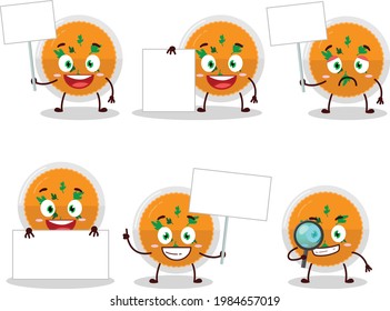 Mashed orange potatoes cartoon character bring information board. Vector illustration