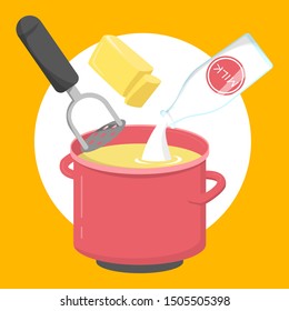 Mashed potato. Cooking dinner or lunch at home. Healthy dish. Vector illustration in cartoon style
