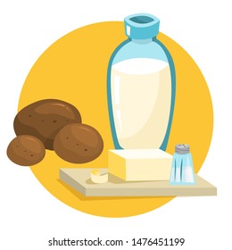 Mashed potato ingredients. Cooking dinner or lunch at home. Healthy dish. Vector illustration in cartoon style