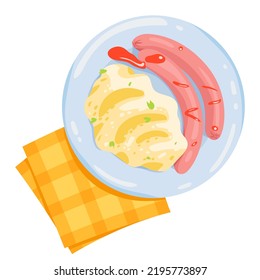 Mashed potato with meat sausage on plate, top view vector illustration. Cartoon isolated cooked healthy vegetable mash, boiled delicious sausage, herbs and ketchup, dish for lunch or breakfast