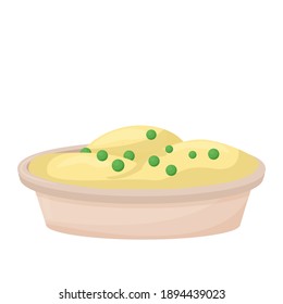 Mashed potato portion in dish with Beans isolated on white background stock vector illustration. Prepared boiled vegetables, garnish. Traditional cuisine.