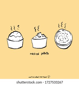 Mashed Potato In Sketch Brush Style. Isolated On Yellow Background. Hand Drawn Vector Illustration Fast Food.