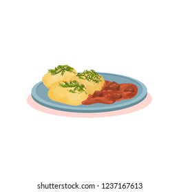 Mashed potato and stewed meat, goulash, Bulgarian cuisine national food dish vector Illustration on a white background