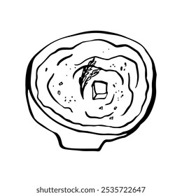 Mashed potatoes in a bowl, doodle sketch drawing, vector illustration, black line on a white background