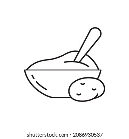 Mashed potatoes in bowl with spoon, linear icon. Outline simple vector of puree food. Contour isolated pictogram on white background