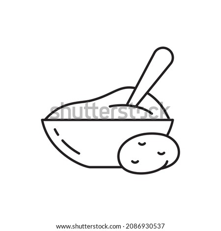 Mashed potatoes in bowl with spoon, linear icon. Outline simple vector of puree food. Contour isolated pictogram on white background