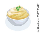 Mashed potatoes in a bowl vector illustration. Mashed potatoes side dish meal icon vector isolated on a white background. Bowl of mashed potatoes with parsley drawing