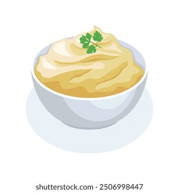 Mashed potatoes in a bowl vector illustration. Mashed potatoes side dish meal icon vector isolated on a white background. Bowl of mashed potatoes with parsley drawing